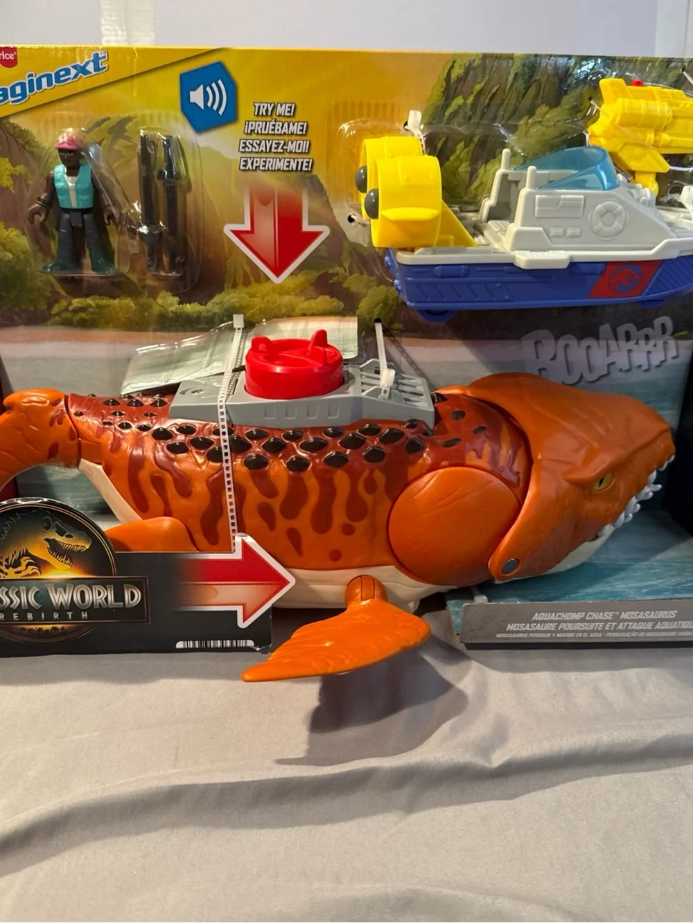 Fisher-Price Jurassic World Orange Dino Transport with Blue & Yellow Rescue Boat